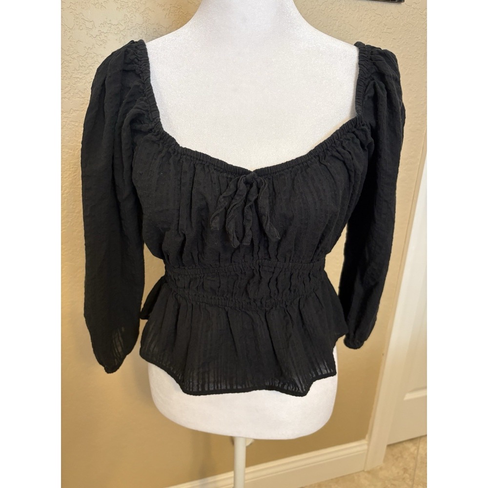Mango MNG Black Long Sleeve Peasant Top, Size 2 Boho